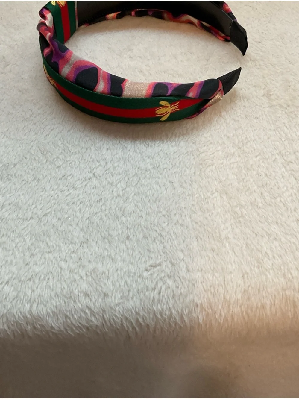 Knotted Satin Headband in Green and Red with Gold Embroidery